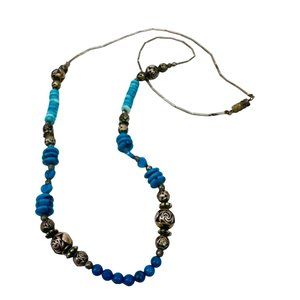 Liquid Silver Sterling Silver Necklace Blue Stone Beaded 925 Barrel Beads REPAIR